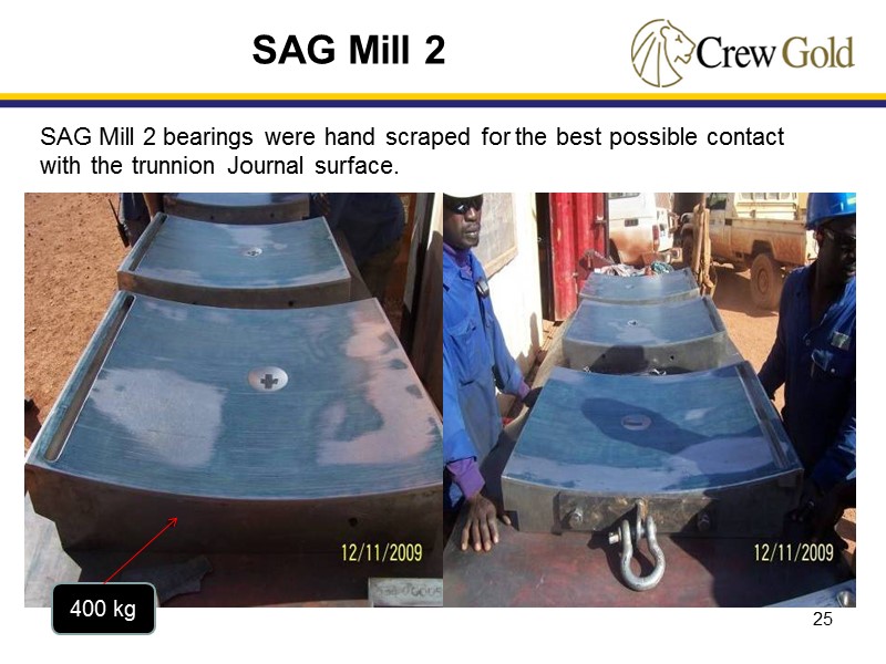 25 400 kg SAG Mill 2 SAG Mill 2 bearings were hand scraped for